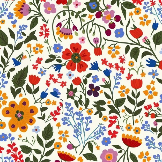 A colorful floral pattern with many different flowers on a white background generative ai