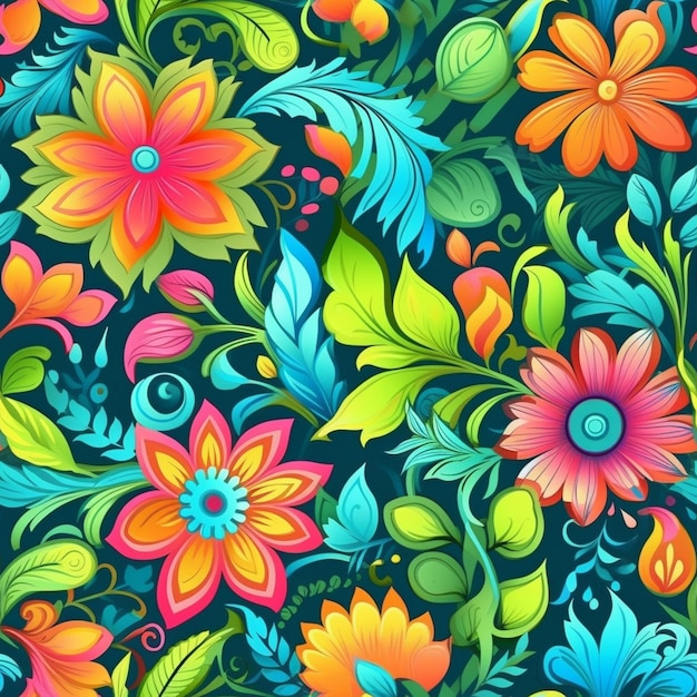 A colorful floral pattern with many flowers and leaves generative ai