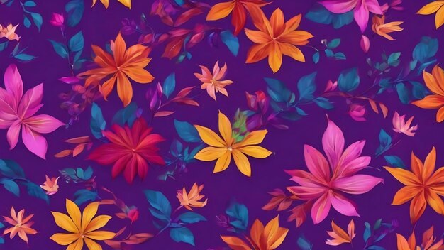 A colorful floral pattern with many leaves on a purple background generative ai