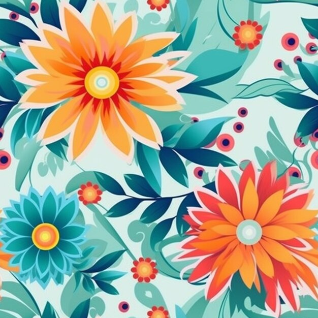 A colorful floral pattern with orange and blue flowers generative ai
