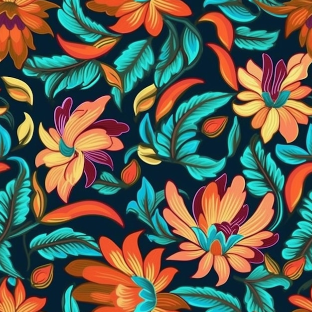 A colorful floral pattern with orange and blue flowers.