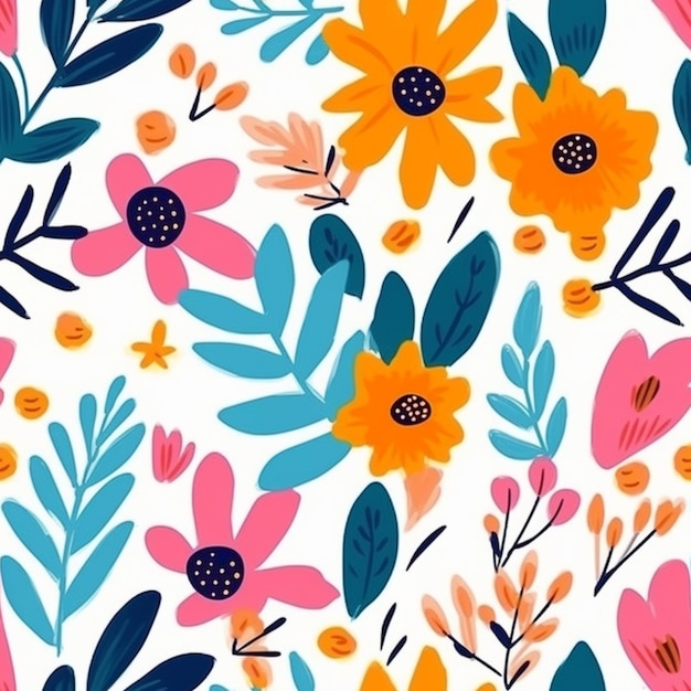 A colorful floral pattern with orange and blue flowers.