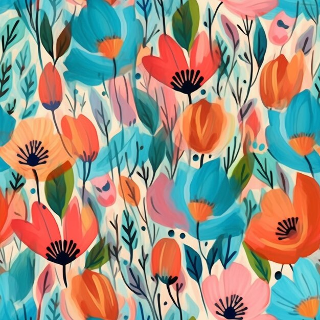 A colorful floral pattern with orange and blue flowers.