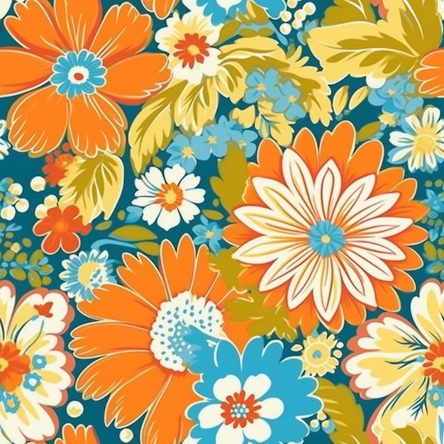 A colorful floral pattern with orange, blue, and yellow flowers