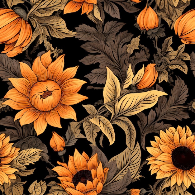 주황색 꽃과 잎이 있는 화려한 꽃 무늬.