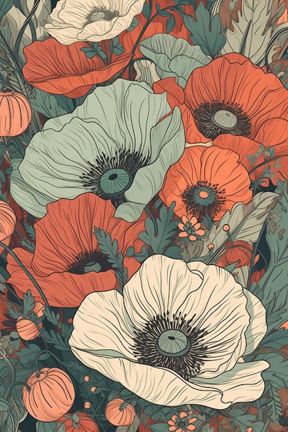 A colorful floral pattern with orange and green poppies.