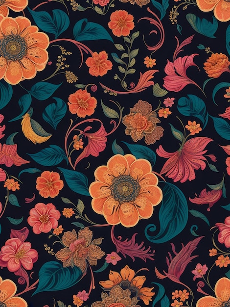 A colorful floral pattern with orange yellow blue and orange flowers