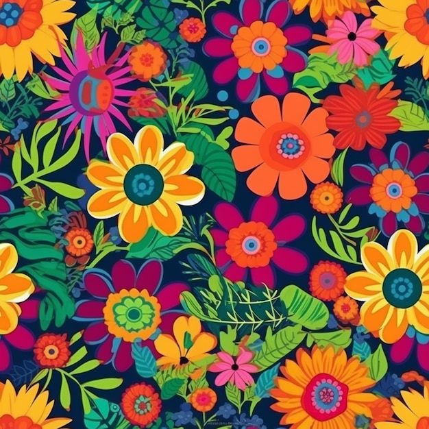 A colorful floral pattern with orange and yellow flowers.