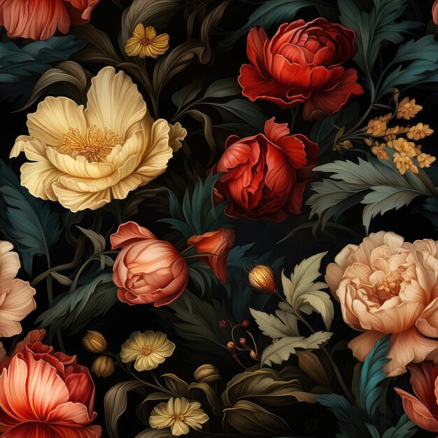 Colorful floral pattern with peonies in a warm color palette tiled