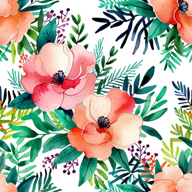 a colorful floral pattern with pink flowers and green leaves
