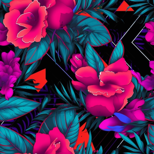 A colorful floral pattern with pink flowers and leaves on a black background.