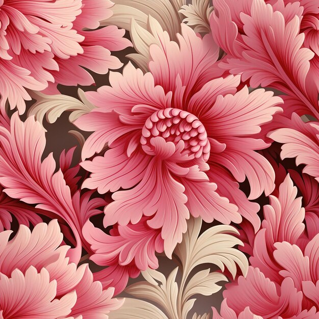a colorful floral pattern with pink flowers and leaves.