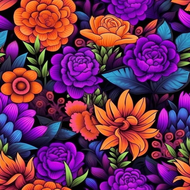 A colorful floral pattern with purple and orange flowers generative ai