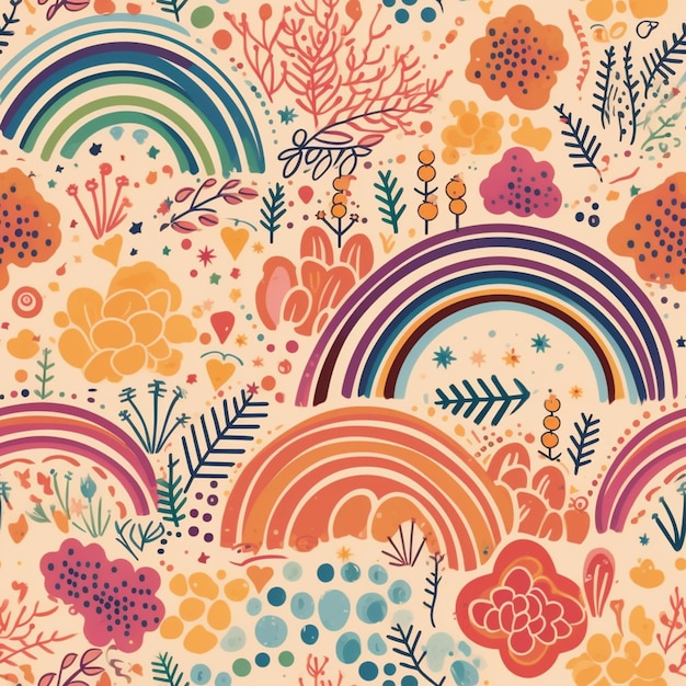 A colorful floral pattern with a rainbow and flowers.