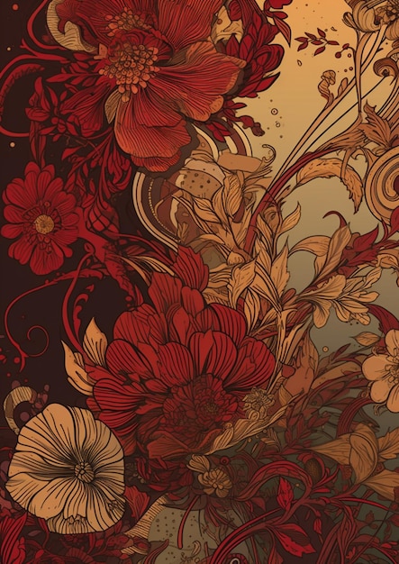 A colorful floral pattern with a red flower on the bottom.