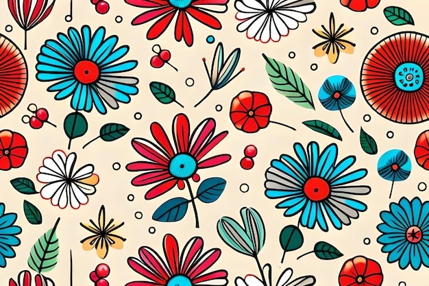 A colorful floral pattern with a red flower and leaves.