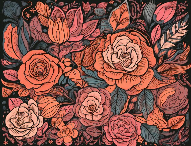 A colorful floral pattern with roses and leaves.