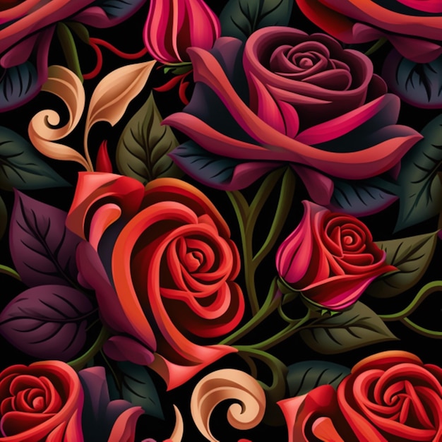 A colorful floral pattern with roses and leaves.