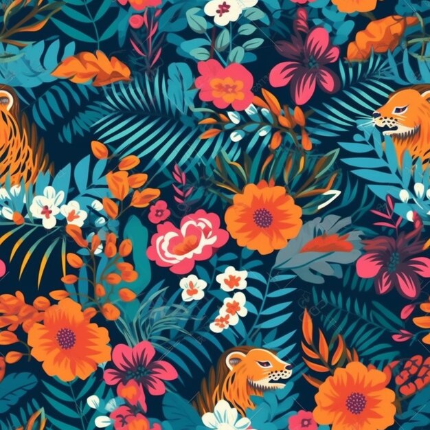 Красочный цветочный узор с тиграми и цветами на синем фоне, генеративный ai