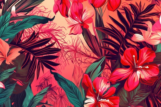 A colorful floral pattern with tropical flowers.