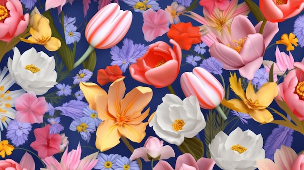 A colorful floral pattern with tulips and flowers on a dark blue background.