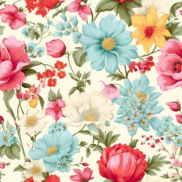 A colorful floral pattern with a variety of flowers.