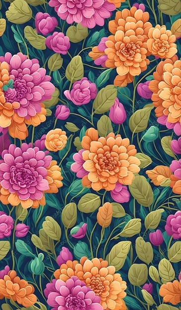 A colorful floral pattern with a yellow and orange dahlia.