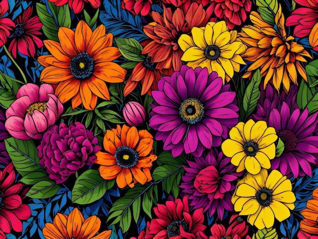 A colorful floral pattern with a yellow and orange flower.