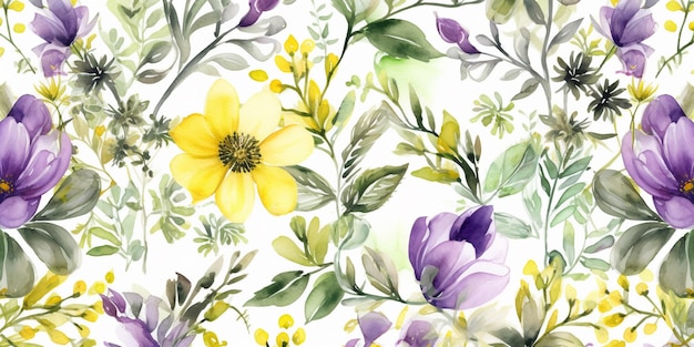 A colorful floral pattern with yellow and purple flowers.