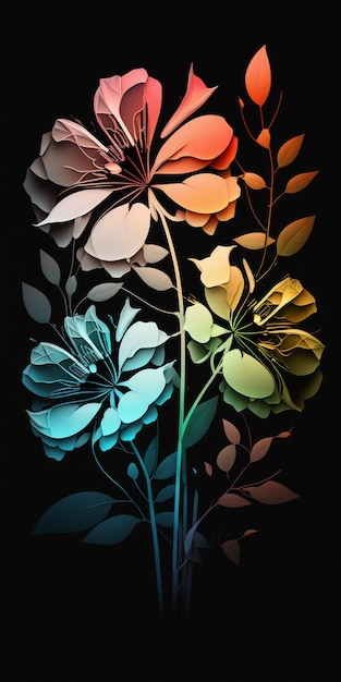 A colorful floral poster with a blue flower on the bottom.