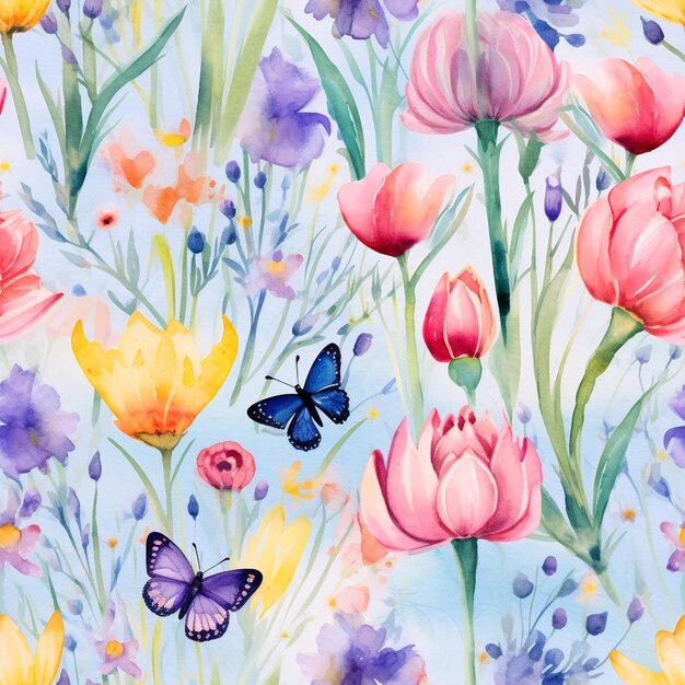 A colorful floral print of pink and yellow tulips