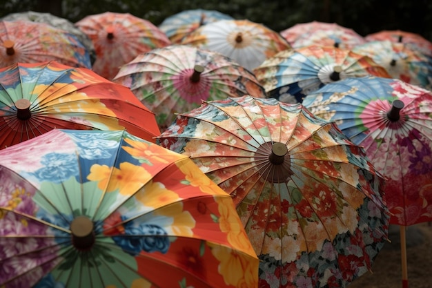 写真 カラフルな花柄の和傘