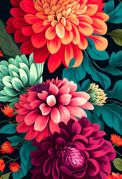 A colorful floral wallpaper with a flower on it.