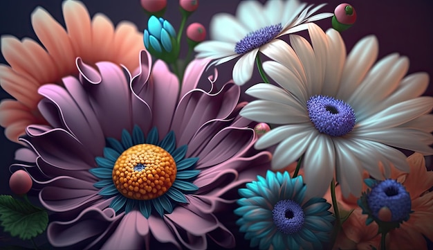 A colorful floral wallpaper with a flower and leaves.