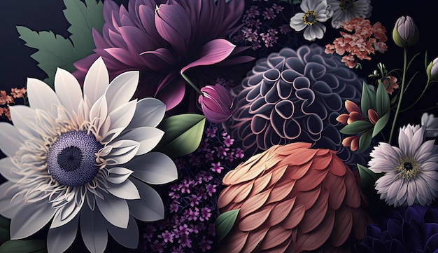 A colorful floral wallpaper with a flower and leaves.