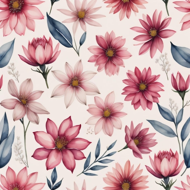 A colorful floral wallpaper with pink flowers and leaves.