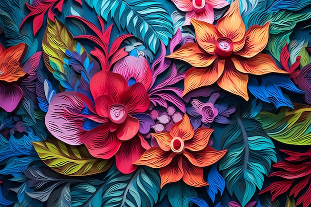 A colorful floral wallpaper with a tropical flower pattern