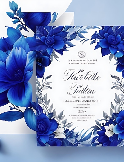 Photo colorful floral wedding invitation card template in blue smart design with a4 size