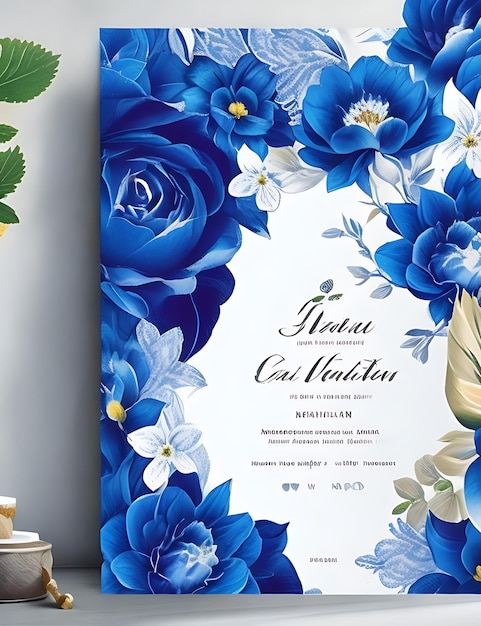 Colorful floral wedding invitation card template in blue smart design with a4 size