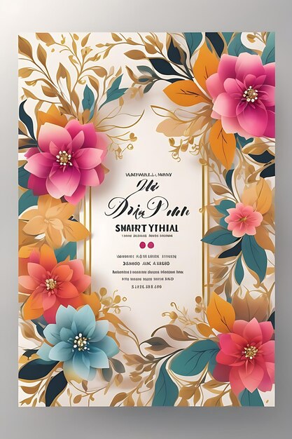 Colorful floral wedding invitation card template in golden smart design with a4 size