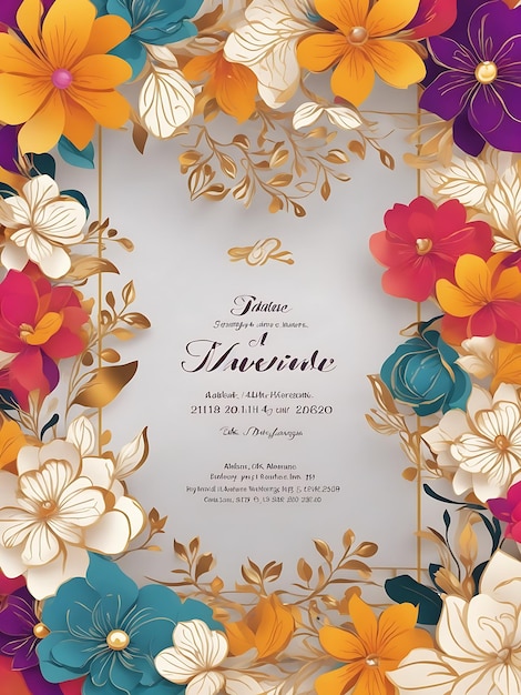A4 サイズの金色のスマートなデザインのカラフルな花の結婚式の招待状カード テンプレート