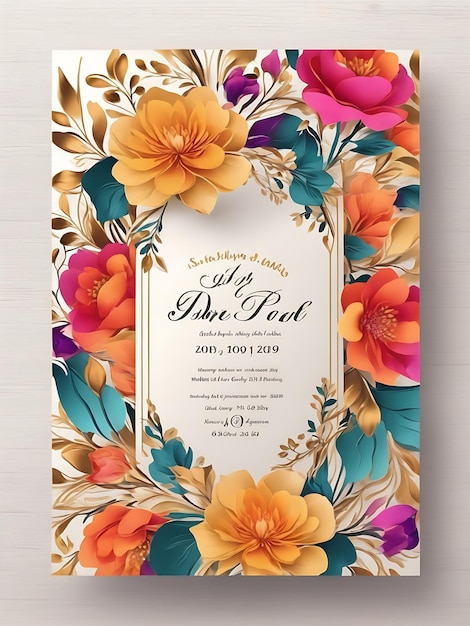 Photo colorful floral wedding invitation card template in golden smart design with a4 size