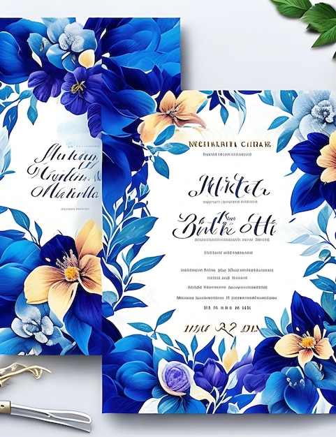 Фото Красочный цветочный шаблон свадебного приглашения в синем смарт-дизайне с размером а4