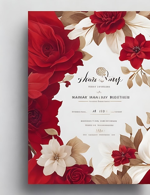 Фото Красочный цветочный шаблон свадебного приглашения в красном смарт-дизайне с размером а4