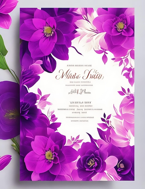 Colorful floral wedding invitation card template in magenta smart design with a4 size