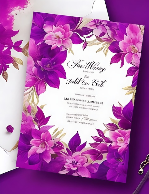 A4 サイズのマゼンタのスマートなデザインのカラフルな花の結婚式の招待状カード テンプレート