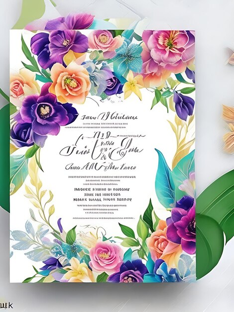カラフルな花の結婚式の招待状カード テンプレート A4 サイズ amp 8K HD 品質のスマートなデザイン