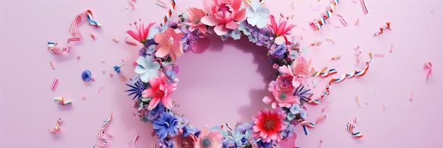 Colorful Floral Wreath on Pink Celebration Background