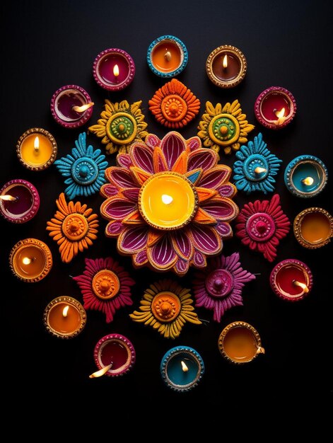 Photo a colorful flower arrangement is surrounded by colorful paper lanterns