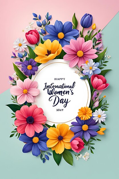 a colorful flower background with a greeting card for international women